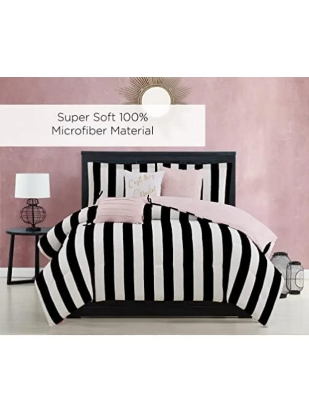 Reversible Queen Bedding Set - Black & White Stripe - 6 Piece Comforter